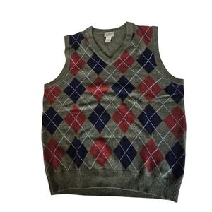 LL Bean Mens Argyle Vest Lambswool V Neck Sweater Green Red Navy L
